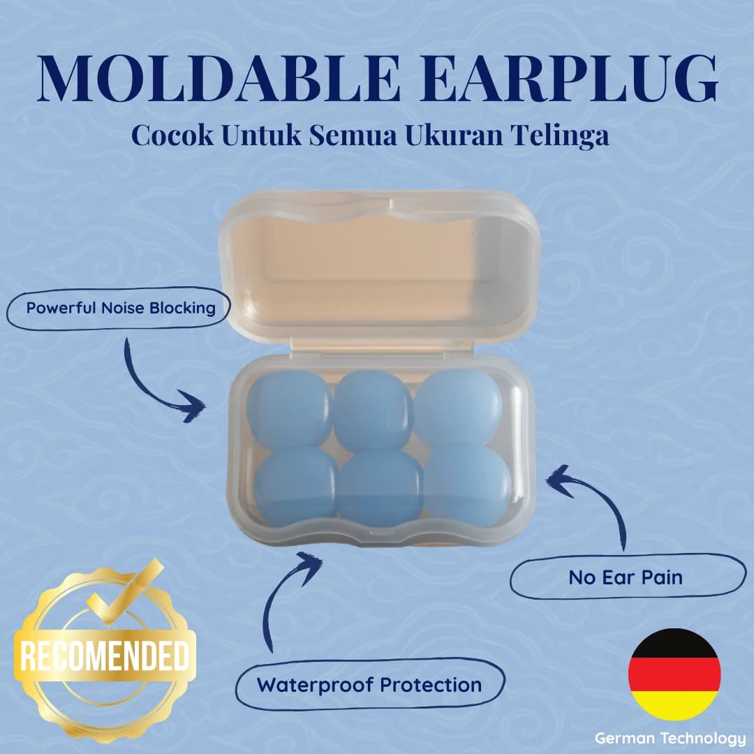Earplug silikon CalmiCloud dalam wadah transparan di latar biru muda