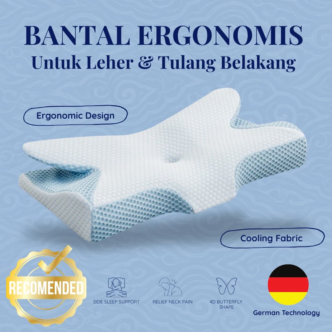 Bantal ergonomis CerviCloud dengan kontur penyangga leher di latar biru muda