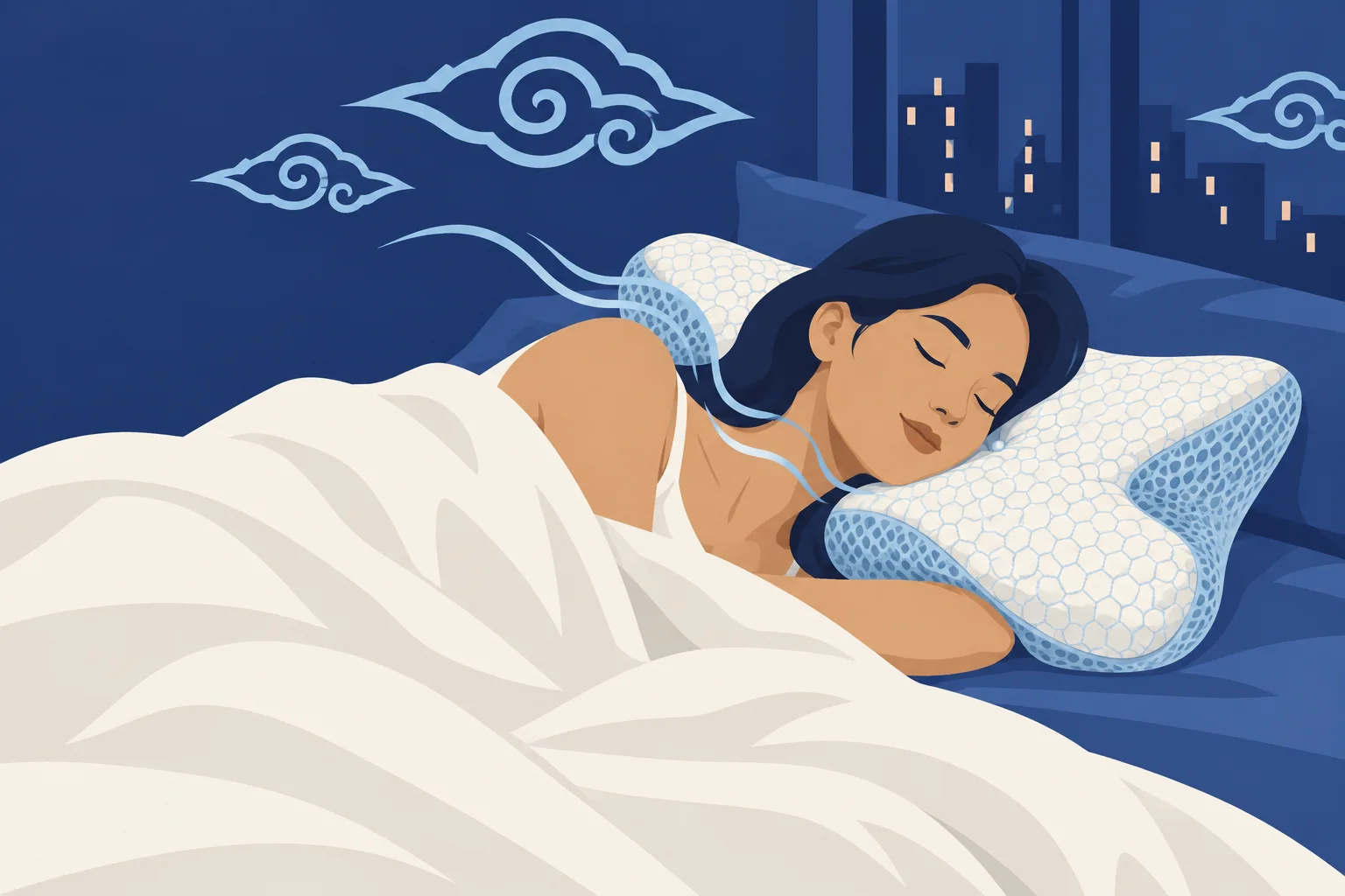 Ilustrasi perempuan tidur miring di atas bantal ergonomis CerviCloud, dengan awan Mega Mendung di langit malam